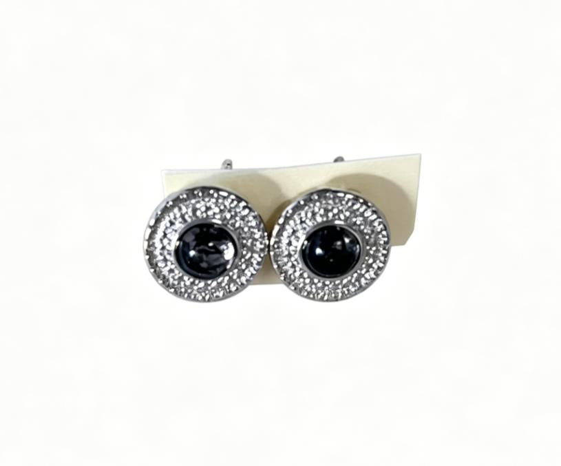 Natural Black Crystal Round Hollow Stud Earrings