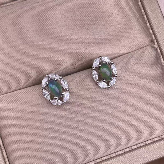 S925 silver stud earrings with full-set diamonds, black opal and white opal, for a fresh and vibrant everyday fashion look