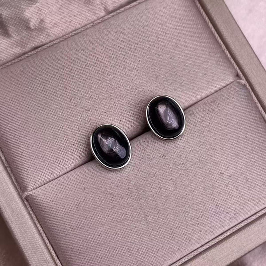 hypersthene stone stud earrings with S925 silver inlay, exquisite, business-oriented, simple, and fashionable; women's earrings with black color gemstone crystal