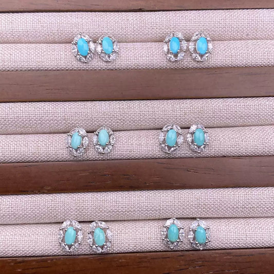 Green Turquoise Earrings S925 Silver Plated with Full Diamonds, Elegant and Stylish, Perfect for Office Ladies, Can Be Worn Daily