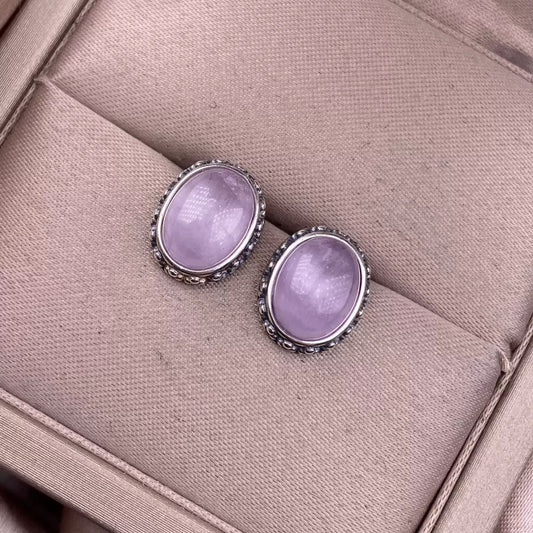 S925 silver, vintage oval-shaped, classic, fashionable, business-oriented, simple kunzite crystal earrings for women