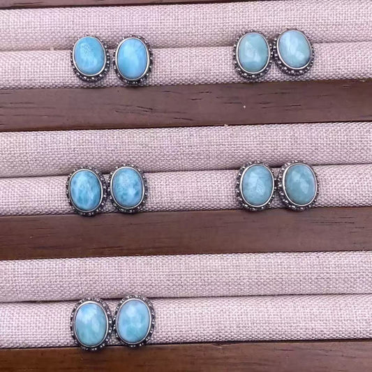 Larimar Earrings with S925 Silver inlay, Retro Silver, Suitable for Office Work, Simple and Elegant, Colorful Gemstone Earrings for Women