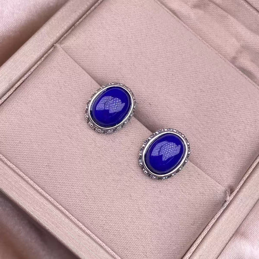 Lapis stud earrings with s925 silver inlay, retro, simple, business-appropriate, grand, classic ear accessories, fashionable, versatile, silver jewelry