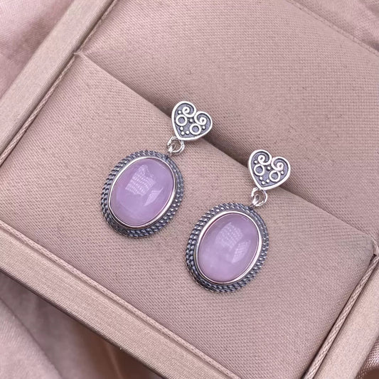 Kunzite Silver Earrings, S925 Silver inlaid, Retro Silver Short Drop Earrings, Fashionable, Suitable for Work, Simple, Crystal Earrings for Women