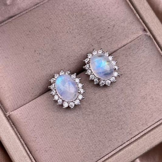 Blue moonstone stud earrings with S925 silver and full-set diamonds, Princess Diana style, colorful gemstone crystal earrings for women, fashionable OL silver jewelry