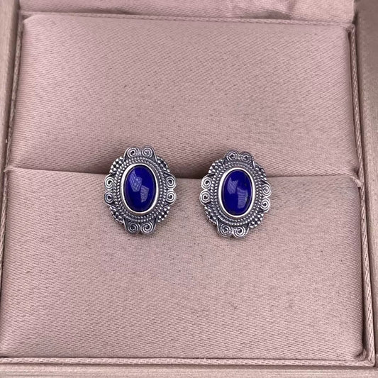 Lapis earrings with S925 silver inlay, vintage-style faux antiqued silver, Nepalese-style women's ear accessories, fashionable