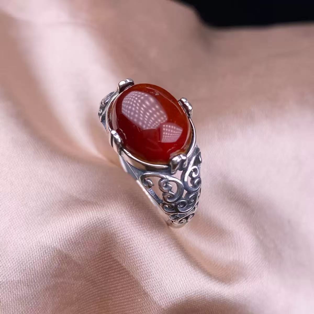 Pomegranate Garnet Ring, S925 Silver inlaid, Retro Silver Jewelry, Wide Version, Elegant, Female, Niche, Majestic, Orange Pomegranate Garnet Silver Jewelry