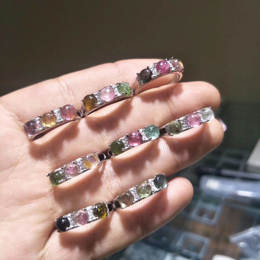 Tourmaline ring with s925 silver inlay, adjustable design, fashionable and versatile, full-crystal tourmaline cluster ring in candy colors, women's ring
