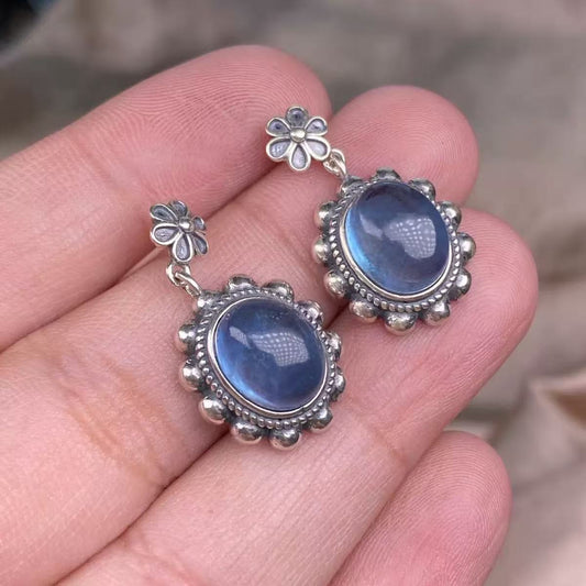 Aqua blue earrings s925 silver inlay retro flower package edge ladies earrings devil blue vitreous body ear accessories