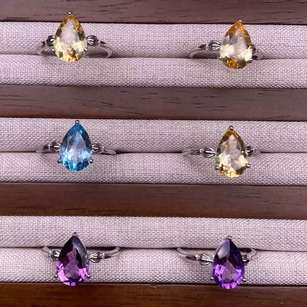 Citrine, Amethyst,Topaz Ring, S925 Silver inlaid, Simple Drop Shape, Women's Colored Gemstone Crystal Jewelry