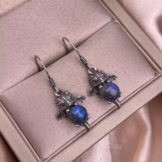 Gray moonstone earrings with S925 silver inlay, vintage-style silver baby dragon ear hook, distressed, unique, colorful gemstone, crystal ear accessories