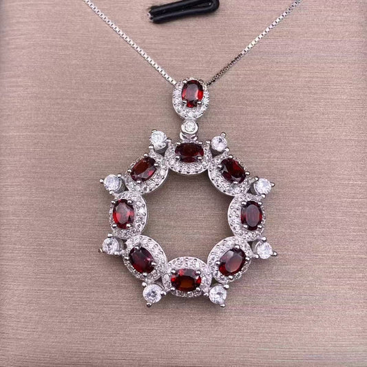Garnet Pendant Necklace with S925 Silver inlaid with Full Diamonds, Light Luxury Multi-Grain Round Colored Gemstone Heavy-Duty Pendant